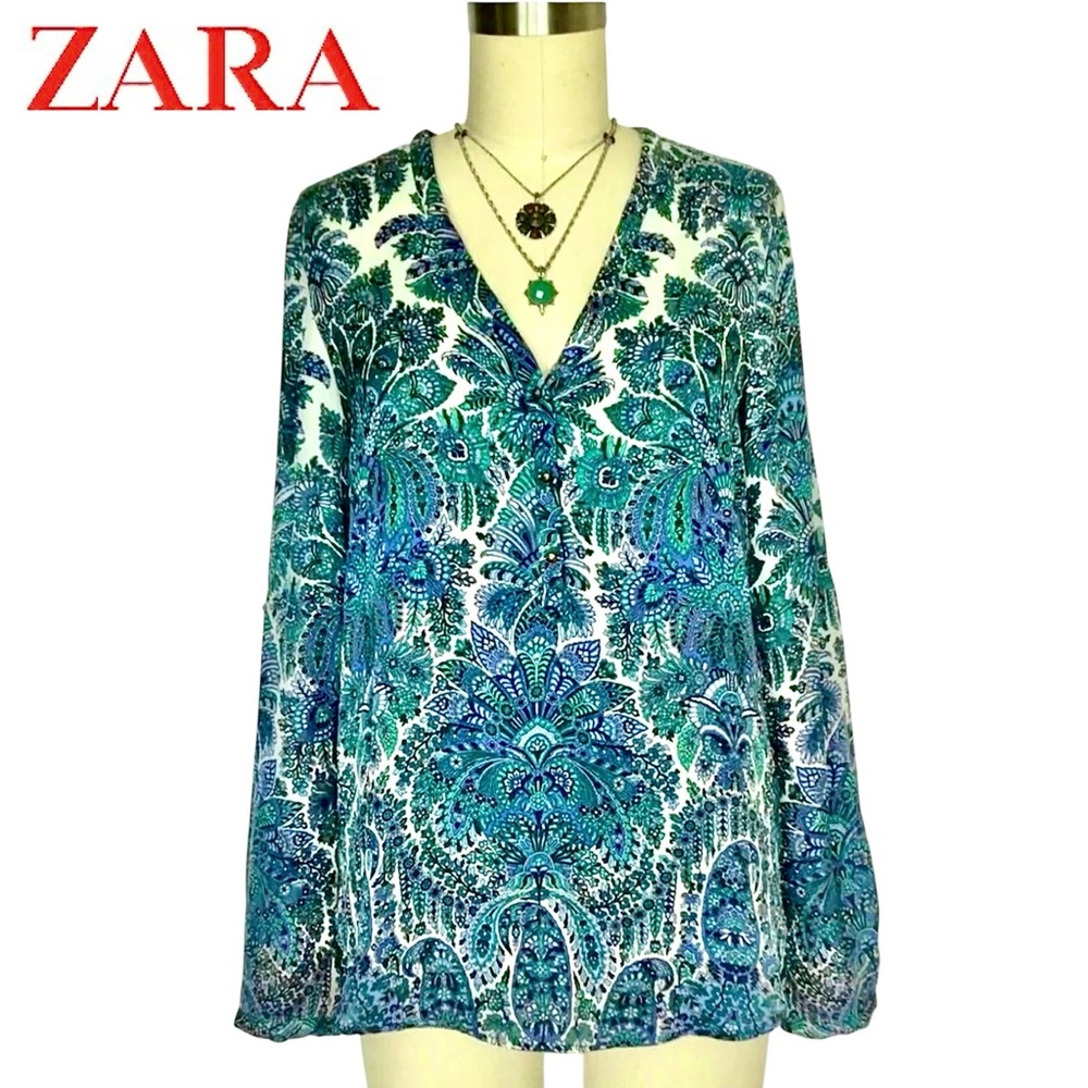 Zara bohemian paisley Long Sleeve Blouse v-neck relaxed small teal lilac white